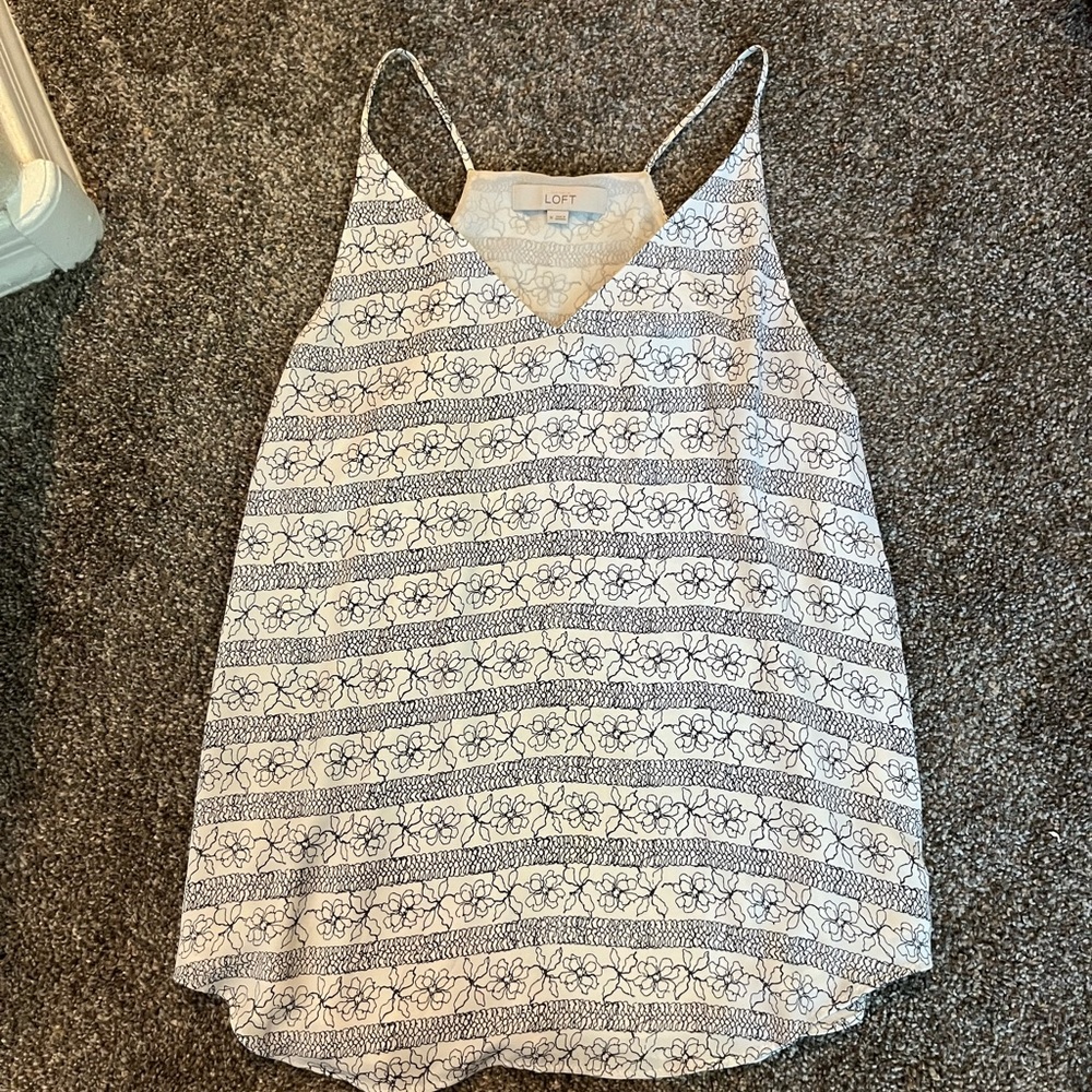 LOFT White and Black Floral Stripe Tank Top